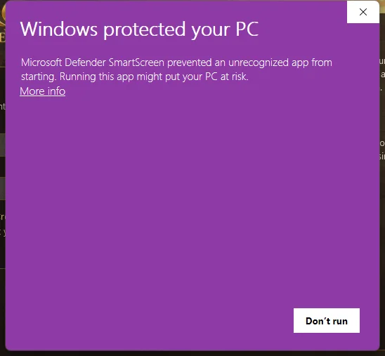 Windows protected your PC, with the More info link