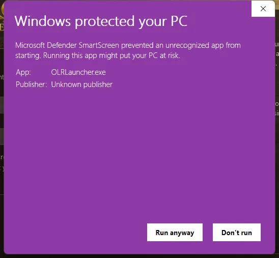 The Run anyway button for OLRLauncher.exe