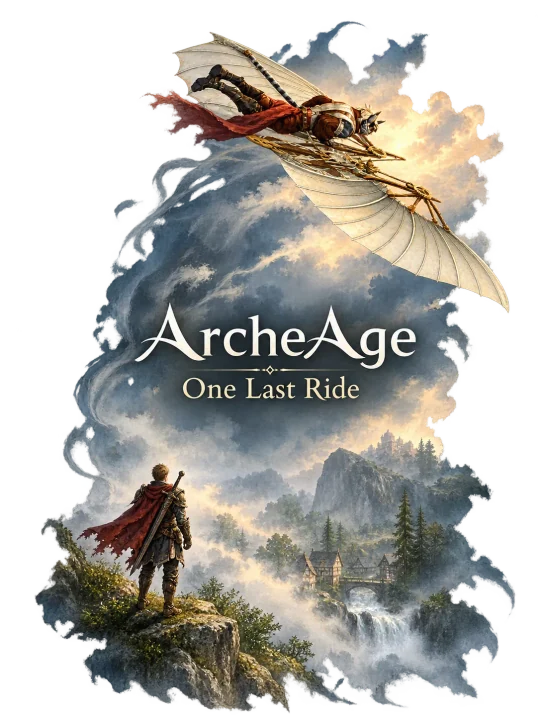 A glider over a waterfall village, with the ArcheAge: One Last Ride logo in the clouds